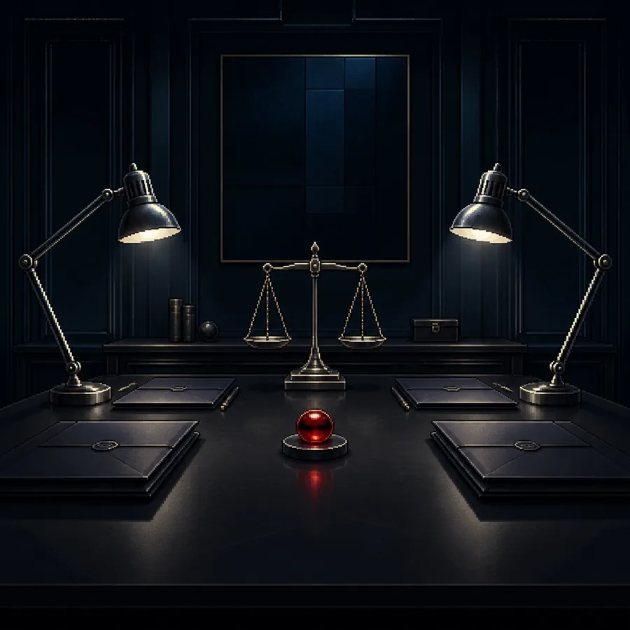 A balanced decision table with steel lamps and a red decision marker
