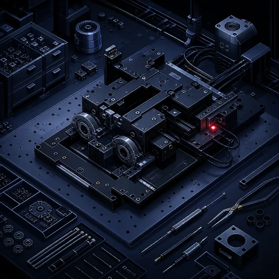 A modular precision machine being assembled on an engineering bench