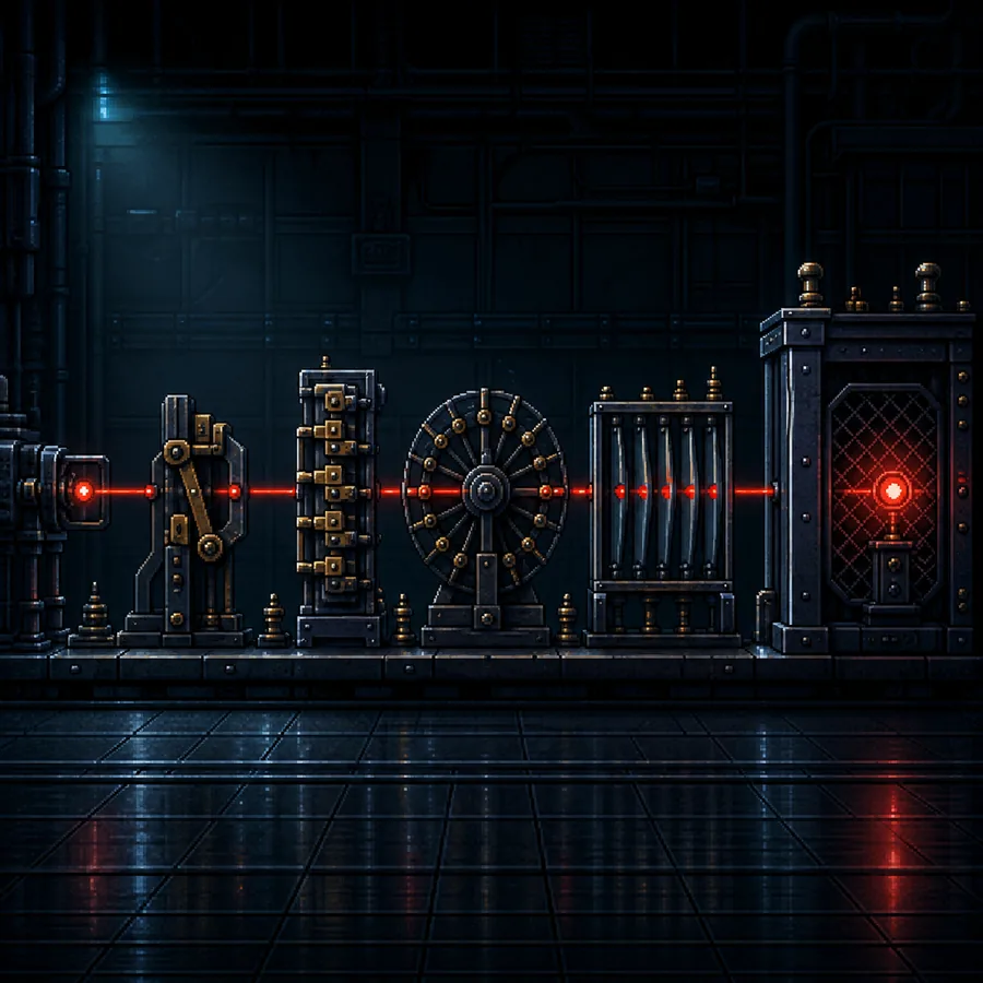 A calibrated relay sequence carrying one signal through a guarded gate