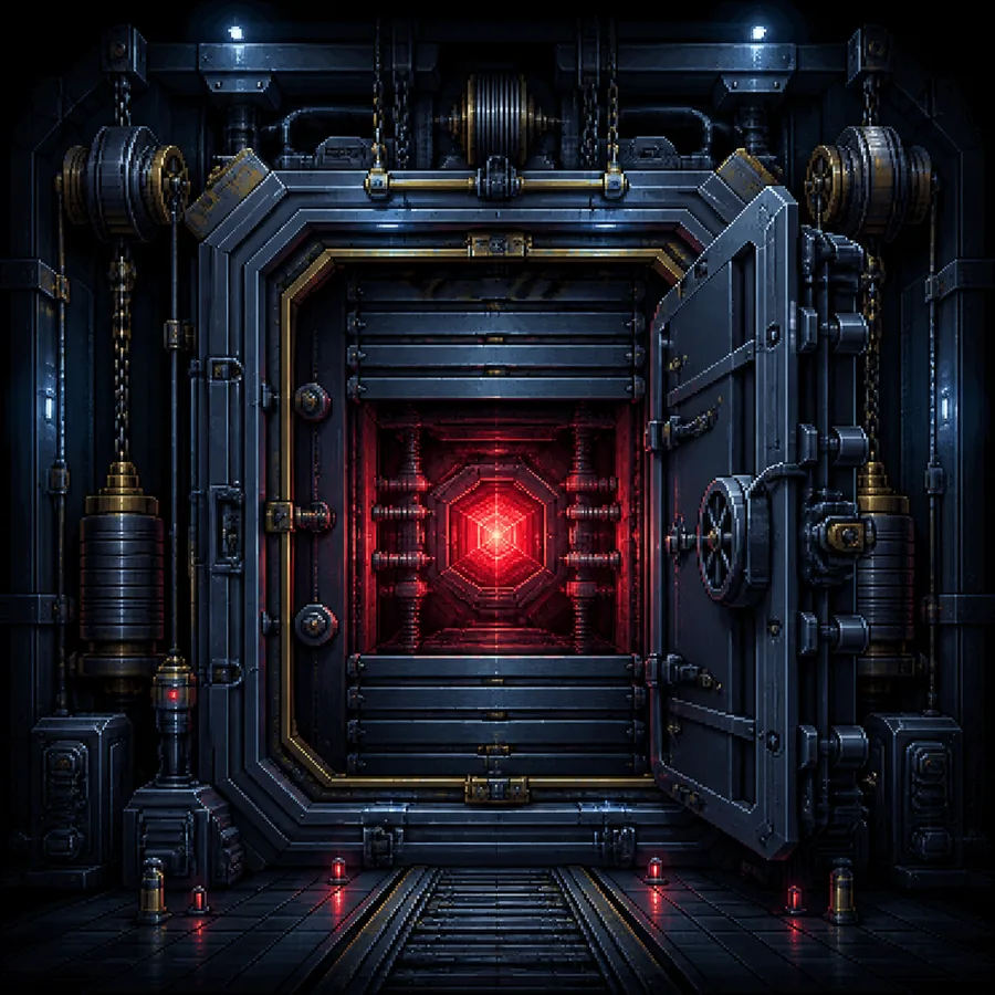 A layered containment vault protecting a controlled red core