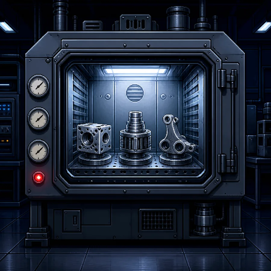 Three machined components inside a controlled test chamber